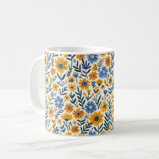 Mooie lente geel blauw Girly Wildflowers Koffiemok (Voorkant links)