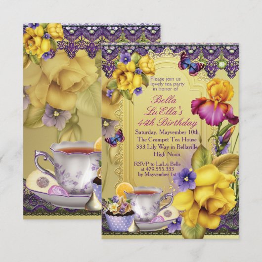 Mooie Lente Thee Party Verjaardagsfeestuitnodiging Kaart (Voorkant / Achterkant)