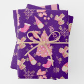 Mooie leuke gouden indigoblauwe roze kerstpatroon inpakpapier vel (In situ)