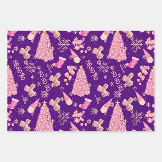 Mooie leuke gouden indigoblauwe roze kerstpatroon inpakpapier vel (Voorkant)