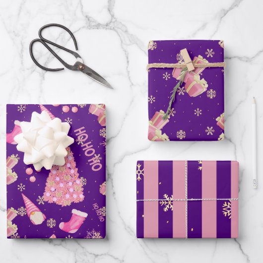 Mooie leuke gouden indigoblauwe roze kerstpatroon inpakpapier vel (Voorkant)