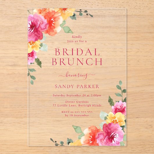 Mooie levendige bloemenbrunch Vrijgezellenfeest Acryl Uitnodigingen (Voorkant)