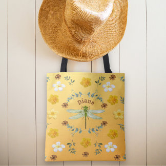 Mooie libel groene en gouden bloemen tote bag