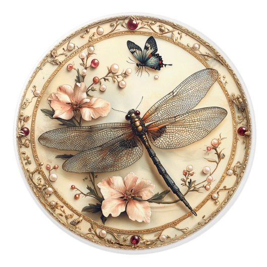 Mooie libel roze bloemen vlinder keramische knop (Voorkant)