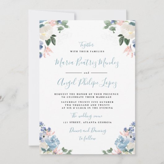 Mooie lichtblauwe aquarel bloemige bruiloft kaart (Voorkant)