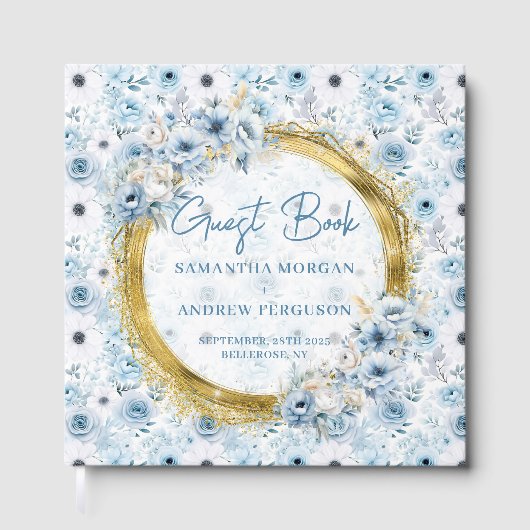 Mooie lichtblauwe bloemen gouden glitter bruiloft gastenboek (Voorkant)