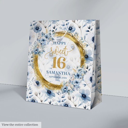 Mooie lichtblauwe bloemen Sweet 16 Gold Glitter Medium Cadeauzakje