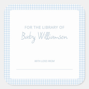 Mooie lichtblauwe Gingham baby shower-boekplaat Vierkante Sticker