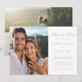 Mooie lichtblauwe script foto save the date kaart (Voorkant / Achterkant)