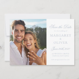 Mooie lichtblauwe script foto save the date kaart