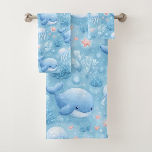 Mooie lichtblauwe walvis badhanddoek set bad handdoek (Insitu)