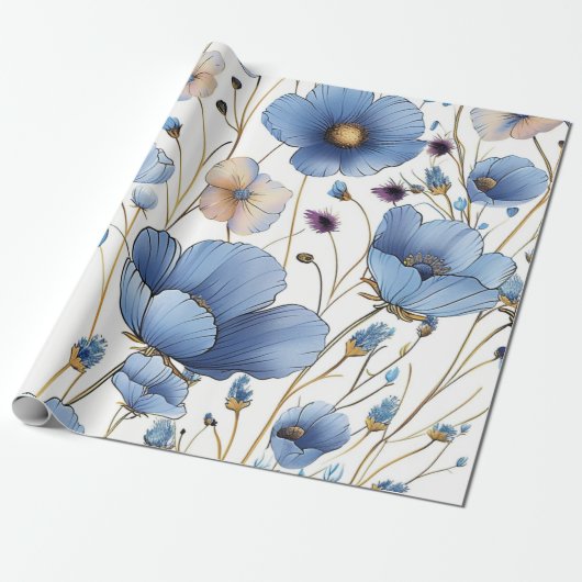 Mooie lichtblauwe wilde bloem cadeaupapier (Uitgerold)
