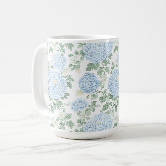 Mooie Lichtblauwe Witte Bloemen Koffiemok (Voorkant links)