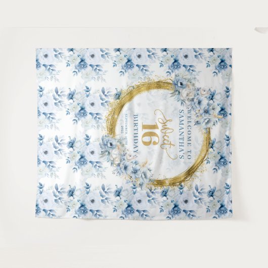 Mooie lichtblauwe zoete 16 gouden glitter banner wandkleed (Voorkant (horizontaal))