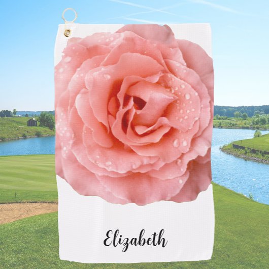 Mooie lichtroze roos bloem aangepaste naam dames golfhanddoek
