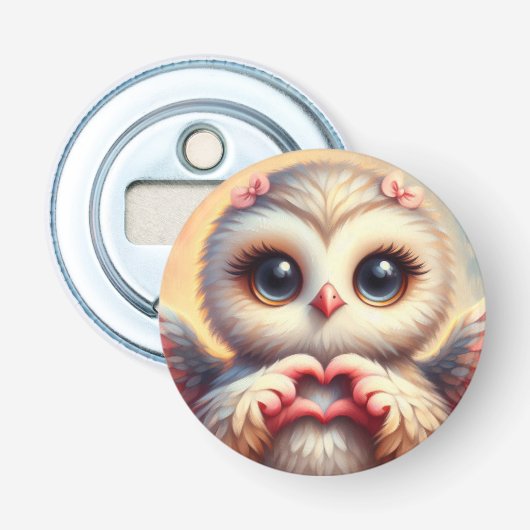 Mooie liefde hart uil button flesopener (Voorkant)