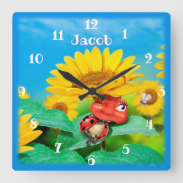 Mooie lieveheersbeestje dat op zonnebloemen slaapt vierkante klok