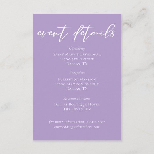 Mooie Lila Paarse bruiloft evenementendetails Informatiekaartje (Voorkant)