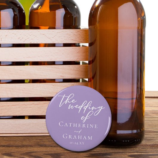 Mooie Lila Paarse witte typografie bruiloft Button Flesopener