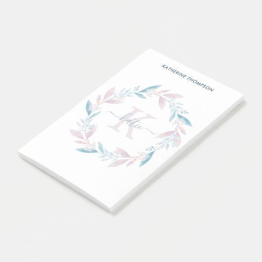 Mooie Lila Waterverf Floral Wreath Monogram Post-it® Notes (Schuin)