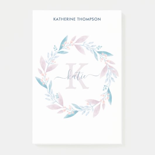 Mooie Lila Waterverf Floral Wreath Monogram Post-it® Notes (Voorkant)