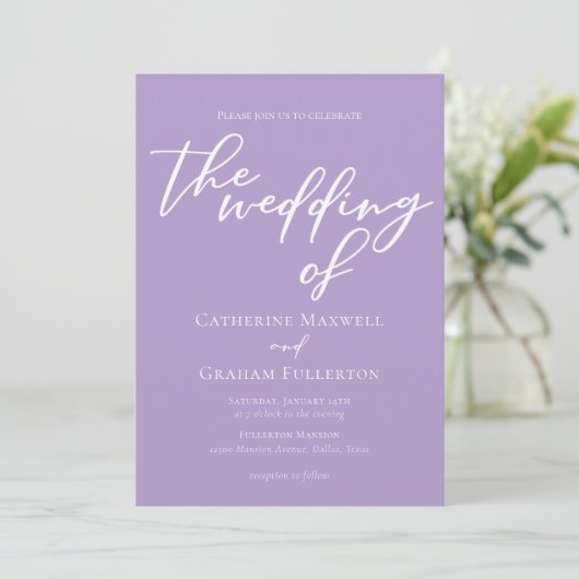 Mooie Lila witte script middag bruiloft Kaart (Staand voorkant)