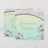 Mooie Lilies & Sparkles Mint Green Quincenera Kaart (Voorkant / Achterkant)