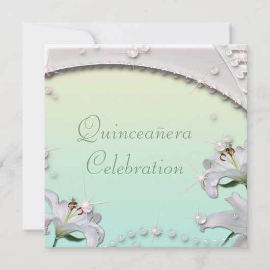 Mooie Lilies & Sparkles Mint Green Quincenera Kaart (Voorkant)