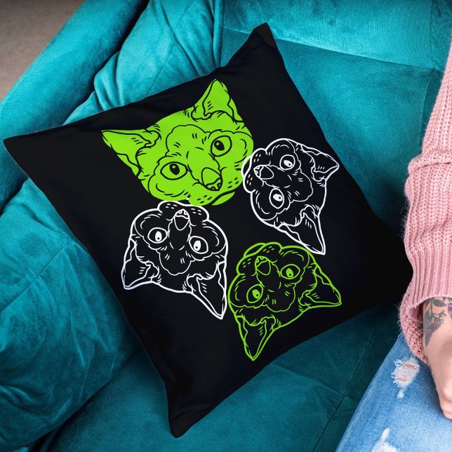 Mooie Limoen witte katten hoofd wild dier zwart Kussen (Creator heeft geüpload)