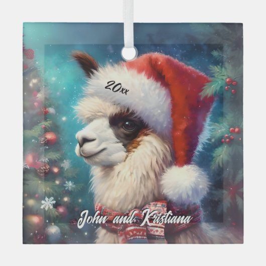 Mooie Llama in een kerstmuts Glas Ornament (Voorkant)