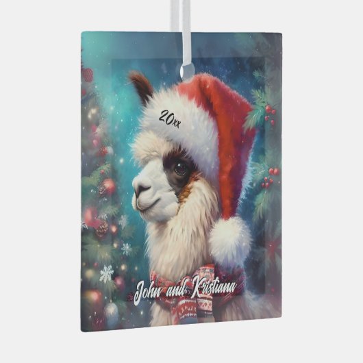 Mooie Llama in een kerstmuts Glas Ornament (Voorkant Rechts)