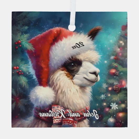 Mooie Llama in een kerstmuts Glas Ornament (Achterkant)