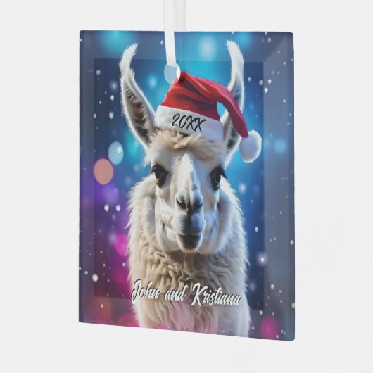 Mooie Llama in een kerstmuts Glas Ornament (Voorkant links)