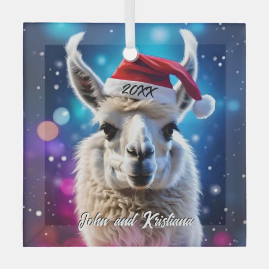 Mooie Llama in een kerstmuts Glas Ornament (Voorkant)