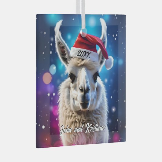 Mooie Llama in een kerstmuts Glas Ornament (Voorkant Rechts)