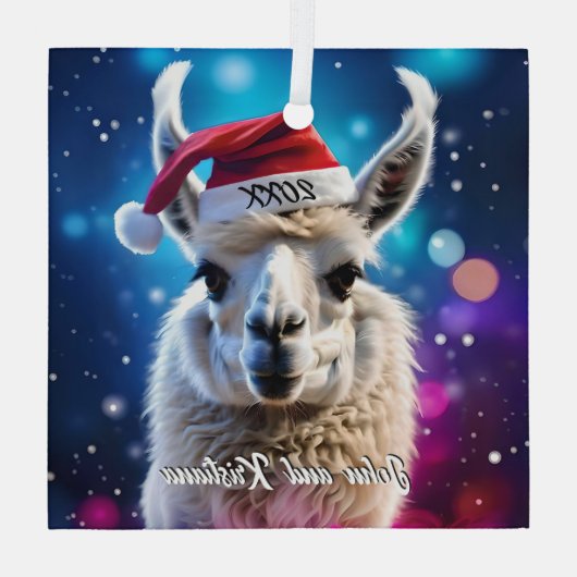 Mooie Llama in een kerstmuts Glas Ornament (Achterkant)