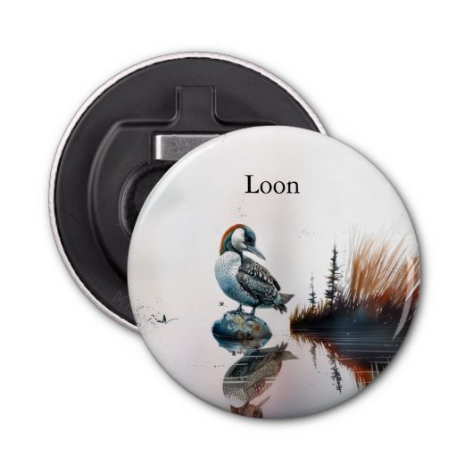 Mooie Loon op een rots in waterverf Button Flesopener (Voorkant)