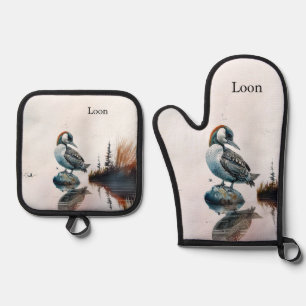 Mooie Loon op een rots in waterverf Ovenwant & Pannenlap Set
