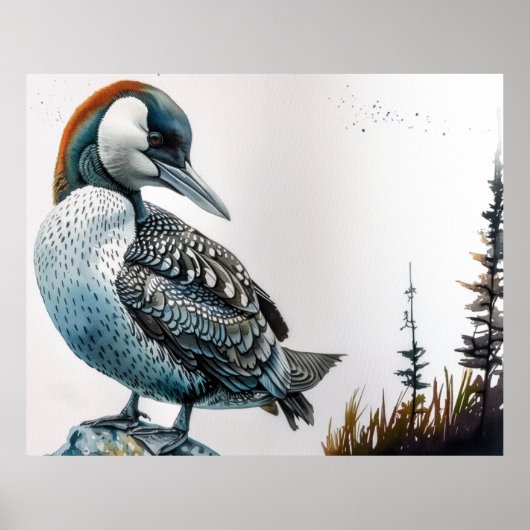 Mooie Loon op een rots in waterverf Poster (Voorkant)