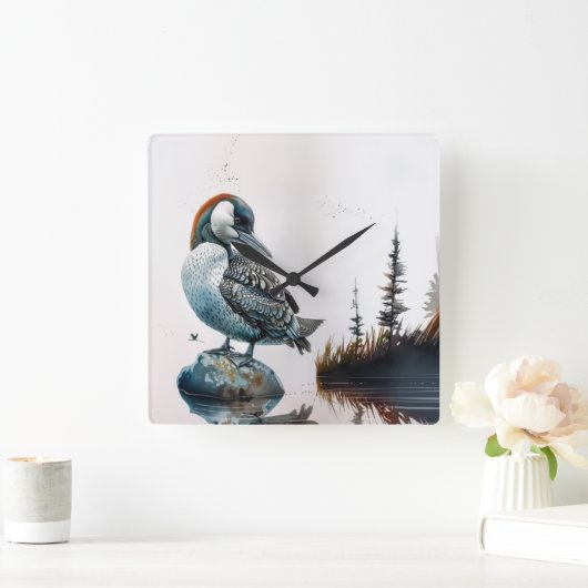 Mooie Loon op water in waterverf Vierkante Klok (Huis)