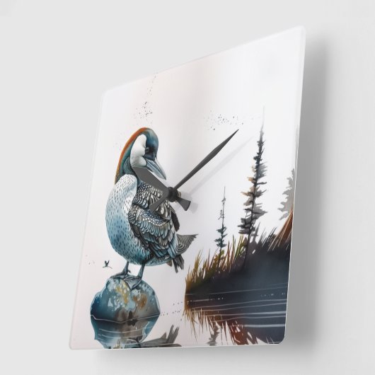 Mooie Loon op water in waterverf Vierkante Klok (Hoek)