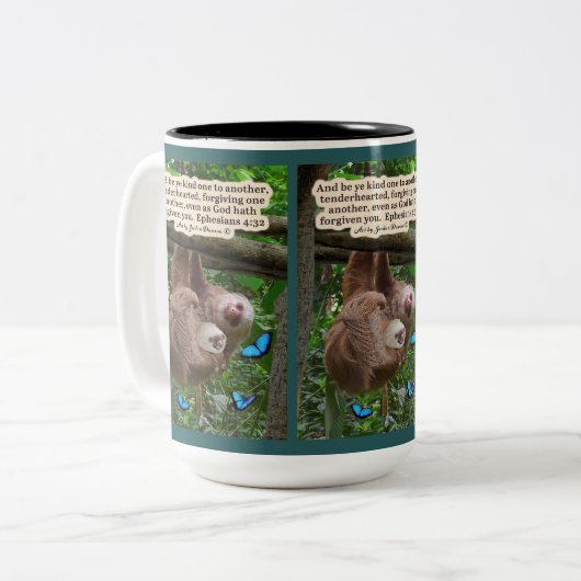 Mooie luiaard Schrift: Efeziërs 4:32 Tweekleurige Koffiemok (Voorkant links)