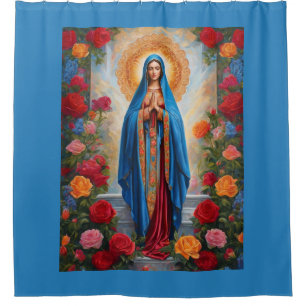 Mooie Maagd Maria In Blauw Robe Met Halo Douchegordijn