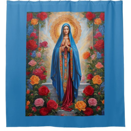 Mooie Maagd Maria In Blauw Robe Met Halo Douchegordijn (Voorkant)