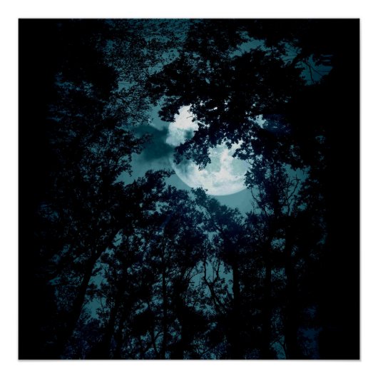 Mooie maan gloed door bomen  perfect poster (Voorkant)