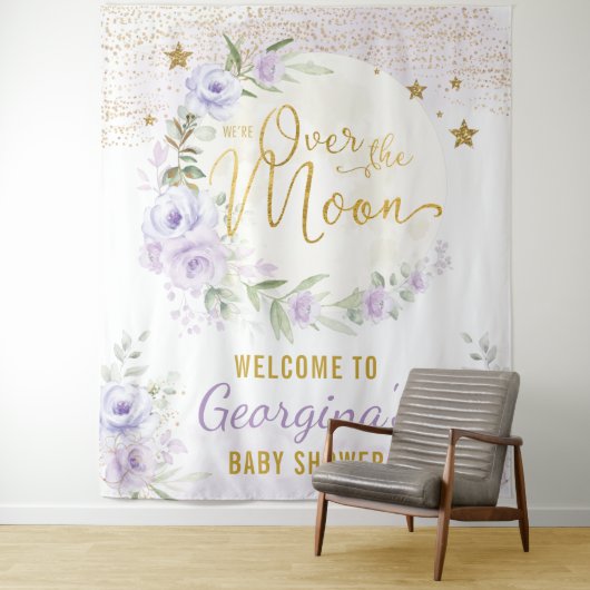 Mooie Maan Sterren Paarse Bloemige Baby Meisje Wel Wandkleed (In situ)