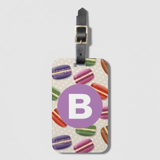 Mooie Macaroon Patroon Stippen Paarse Monogram Bagagelabel (Voorkant (verticaal))