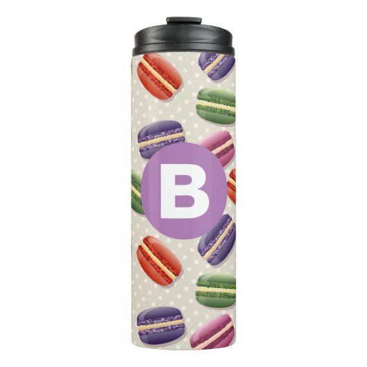Mooie Macaroon Patroon Stippen Paarse Monogram Thermosbeker (Voorkant)