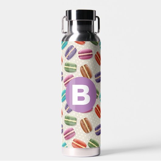Mooie Macaroon Patroon Stippen Paarse Monogram Waterfles (Voorkant)