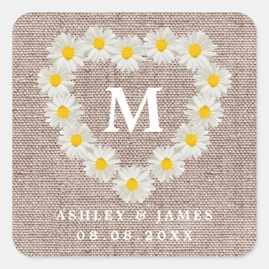 Mooie Madeliefjes Monogram Trouw Bruine Linnen Sto Vierkante Sticker (Voorkant)